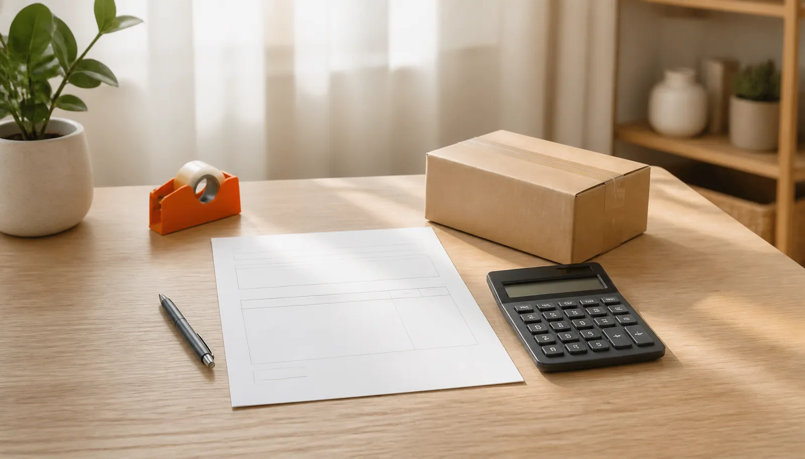Mesa de trabalho em madeira clara com fita adesiva laranja, uma calculadora, um documento de papel e um pacote de envio.