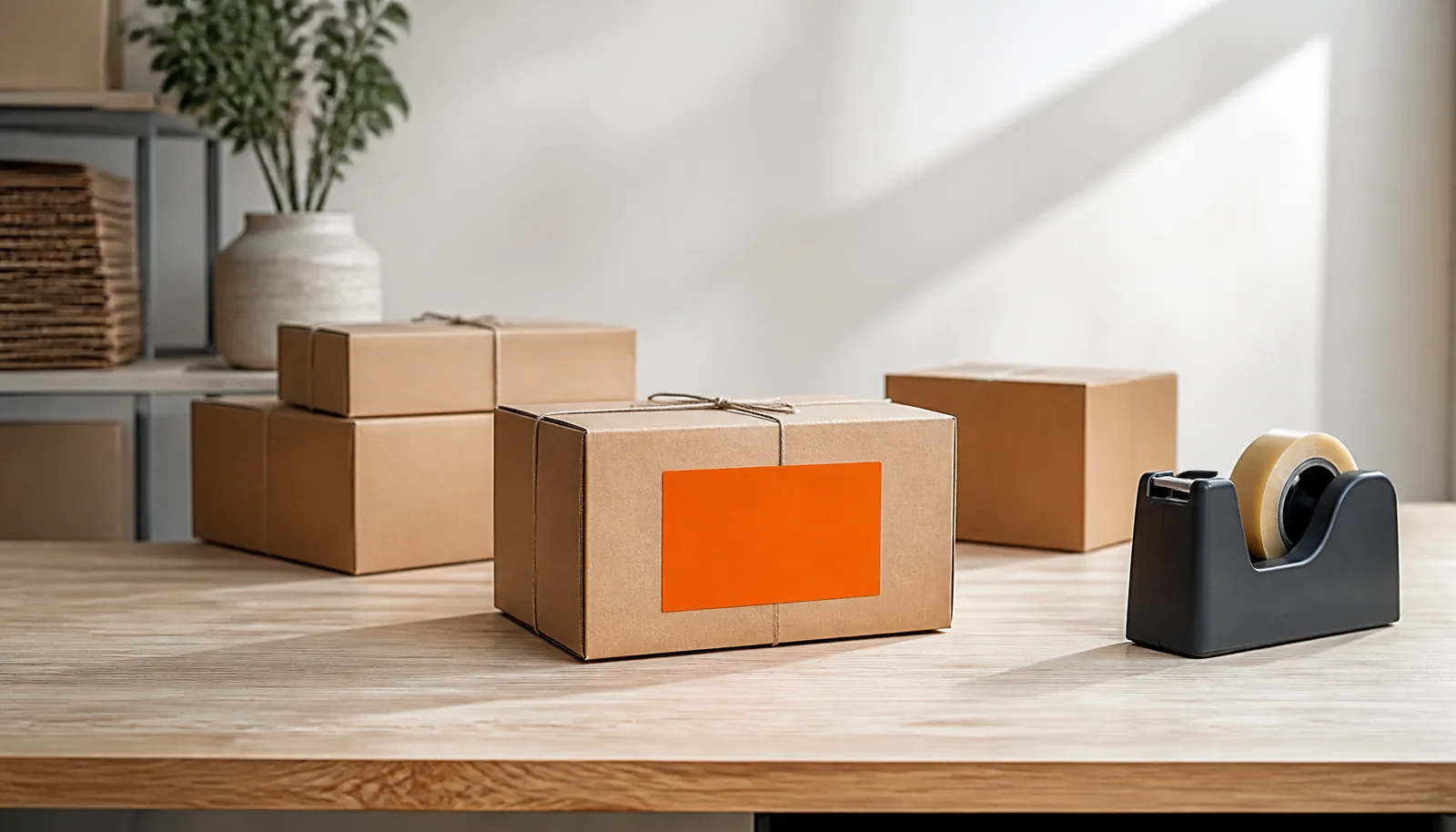 Caixas de papelão prontas para envio sobre bancada de madeira clara, com uma etiqueta laranja em destaque.