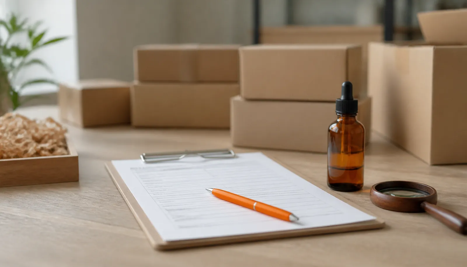 Prancheta com documento, caneta laranja e frasco conta-gotas sobre mesa de madeira clara, em cenário de e-commerce.