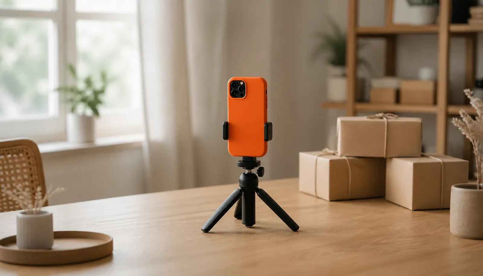 Smartphone em um tripé com capinha laranja ao lado de pacotes de envio sobre uma mesa de madeira clara.