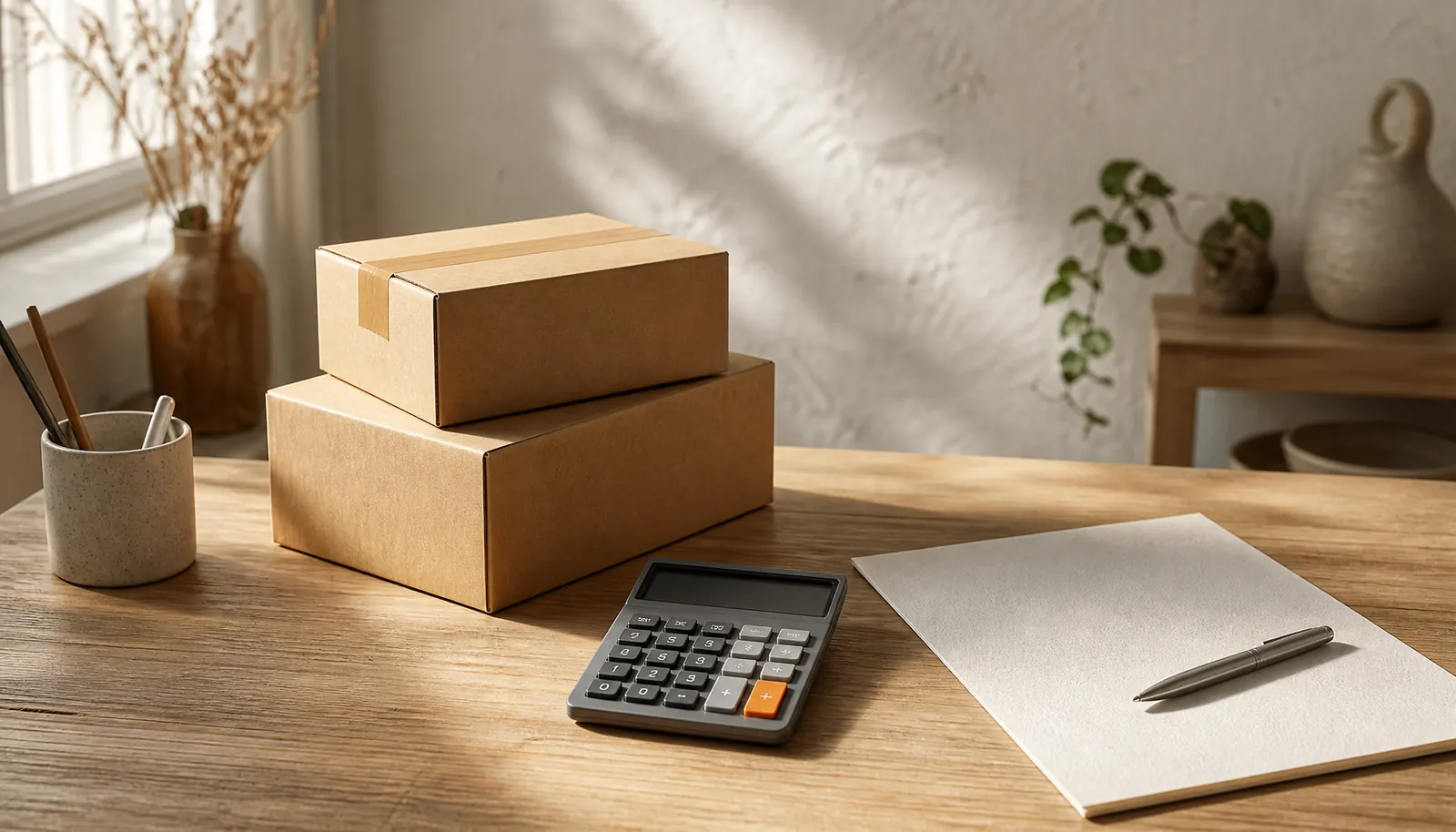 Caixas de papelão e calculadora com detalhe laranja sobre mesa de madeira, representando impostos no e-commerce.