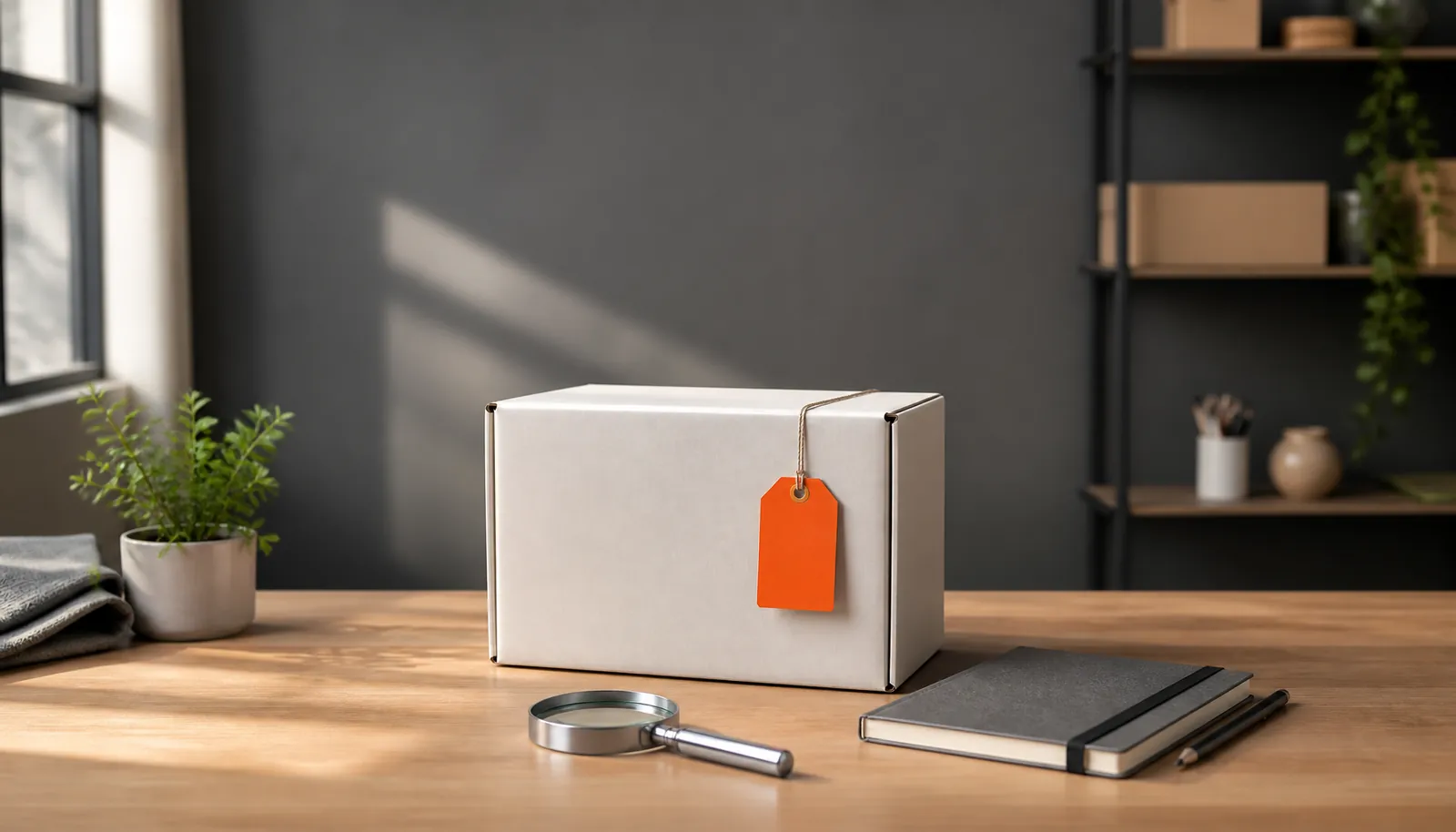 Caixa de papelão com etiqueta laranja e lupa sobre mesa de madeira clara em um escritório de e-commerce.