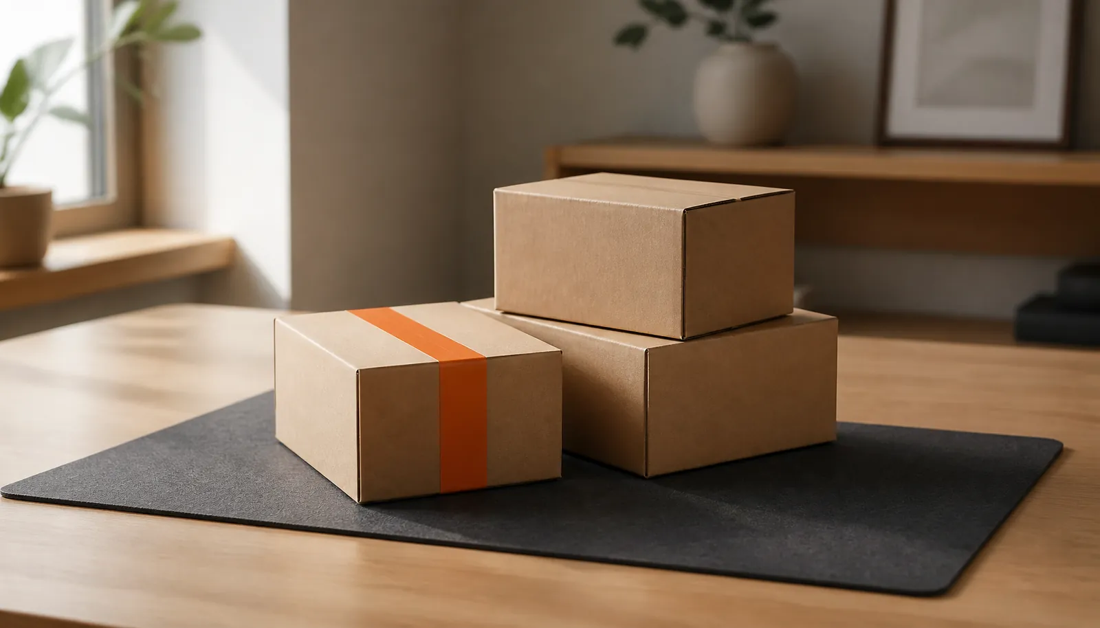 Caixas de papelão sobre mesa de madeira com detalhe em fita laranja, em cenário minimalista de e-commerce.